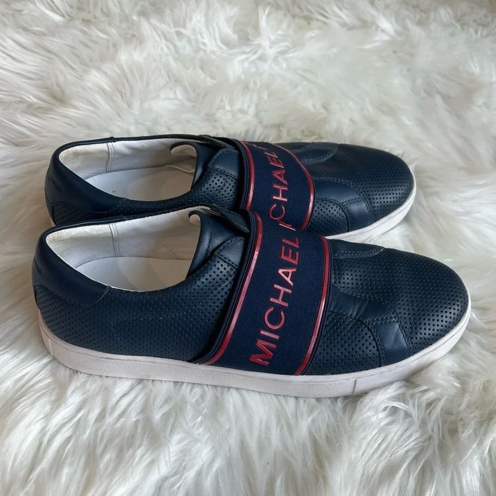 Michael Kors men’s size 7.5 navy dark blue and red leather slip on loafers